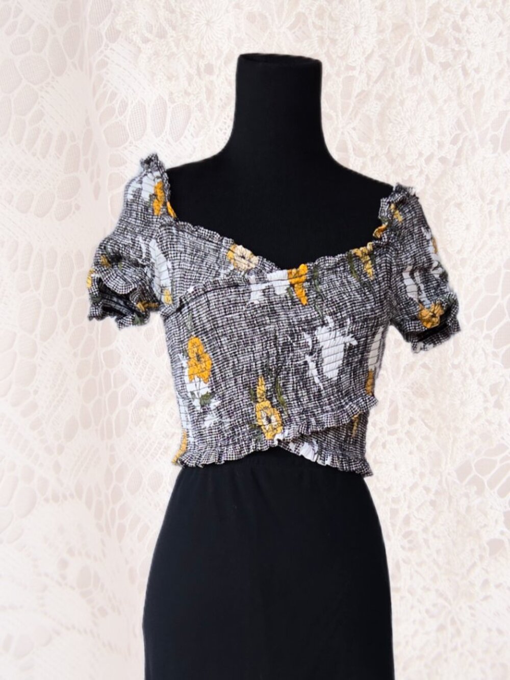 ASTR The Label Black White Yellow Floral Shirred Off-shoulder Crop Top Festival